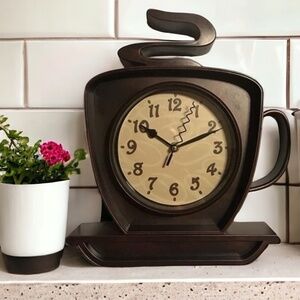 Coffee Cup Cappuccino Clock Battery Operated Wall Clock or Freestanding Brown